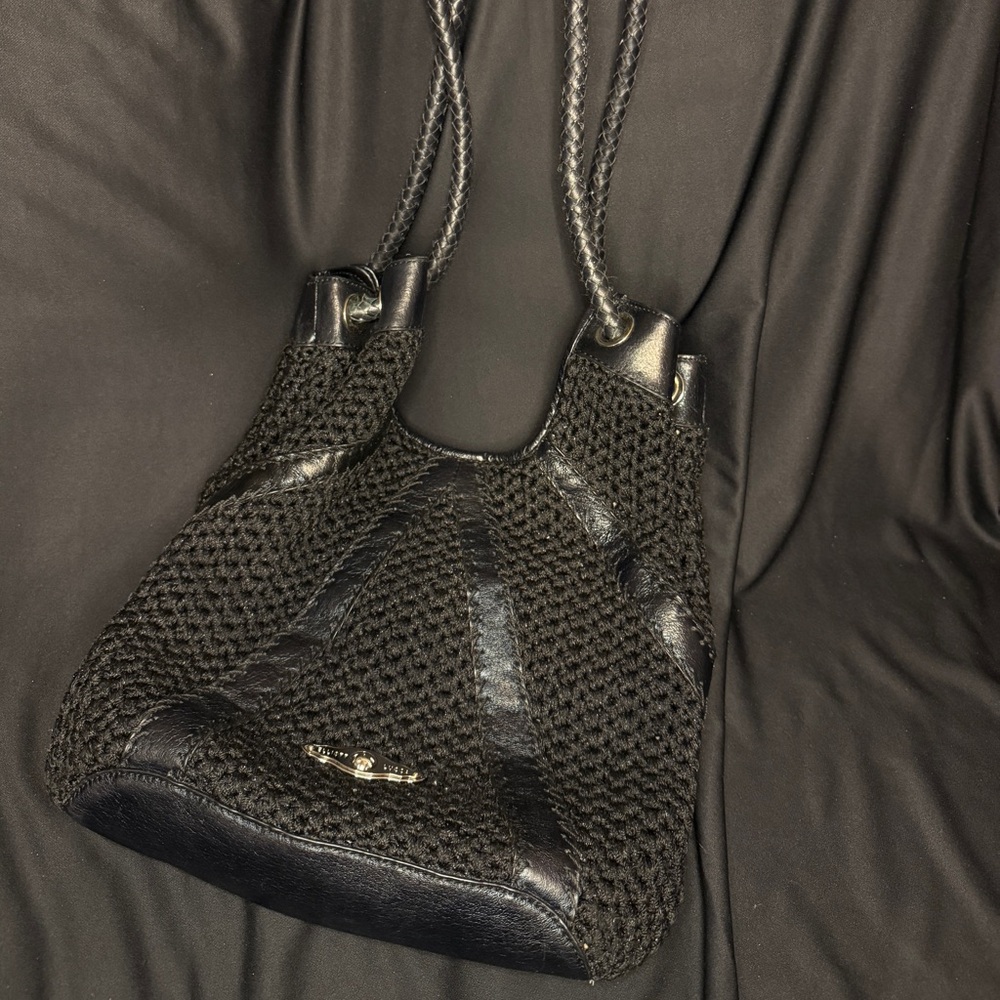 Elliott Lucca Black Woven Shoulder Bag with Leather Trim